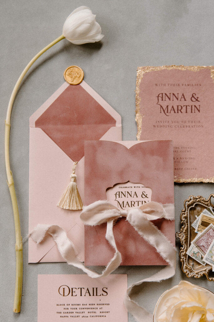 Pink detailed elegant European-inspired wedding invitations